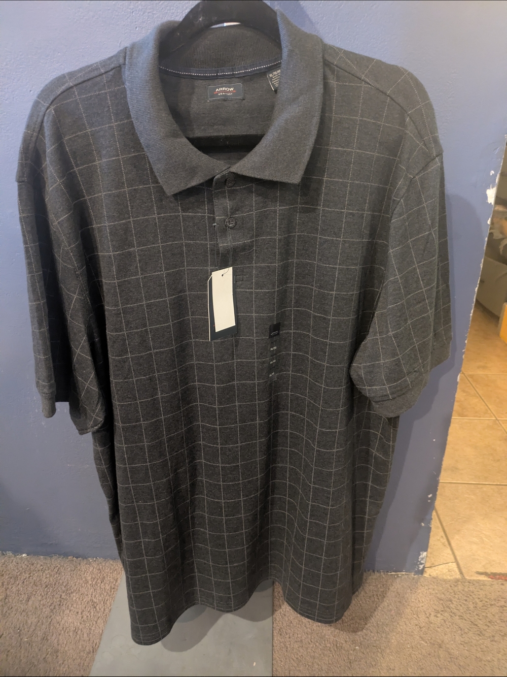 Arrow Men's Dark Gray Windowpane Polo Cotton Blend New XL Or XXL